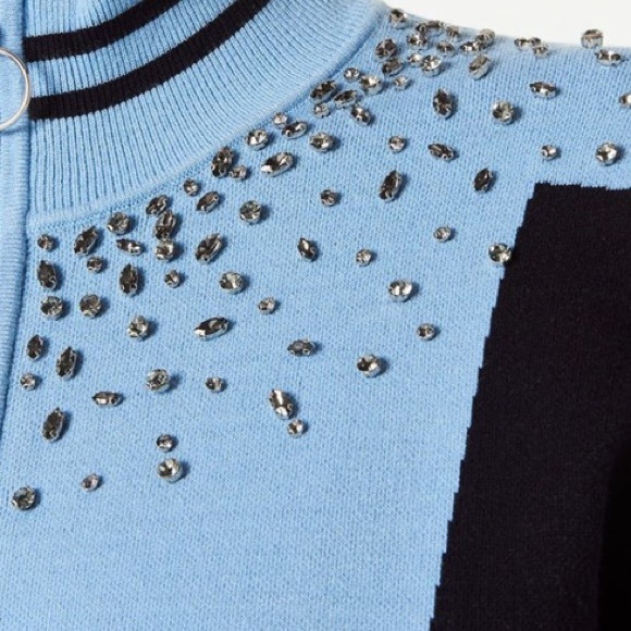 SANDRO Blue Embellished Zip Up Jacket - Picture 2 of 8